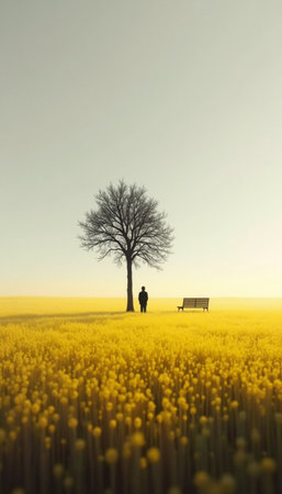 Silhouette of a lonely man on a bench in a wheat field.の素材