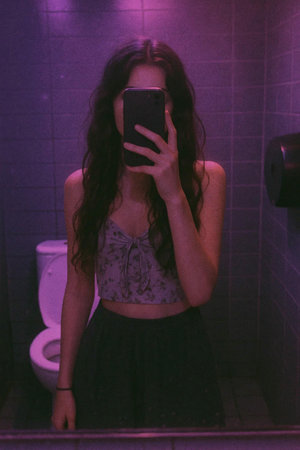 Young woman using mobile phone in the bathroom at night, looking at camera.の素材