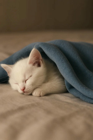 White cat sleeps under a blue plaid on the bed at homeの素材