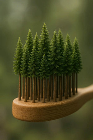 Close-up of a wooden toothbrush with a green spruce plantの素材