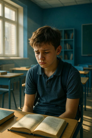 Sad schoolboy sitting at the table in the classroom. The boy is sad.の素材