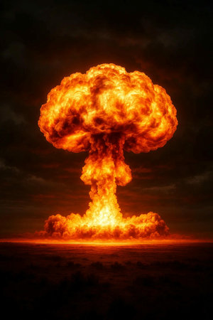 Explosion of nuclear bomb with smoke and fire in the sky.の素材