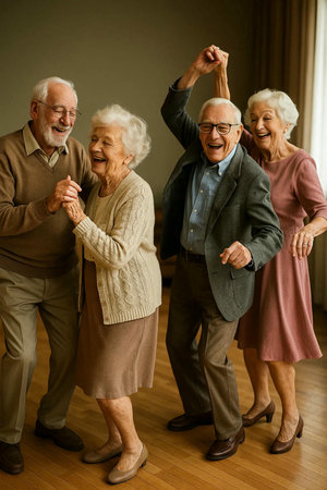 Group of senior friends dancing together in the living room at home.の素材