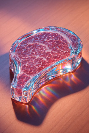 A piece of meat in a glass plate on a wooden background.の素材