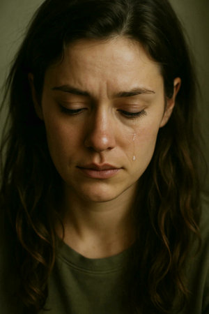 young sad woman crying in depression and pain in her face on dark backgroundの素材