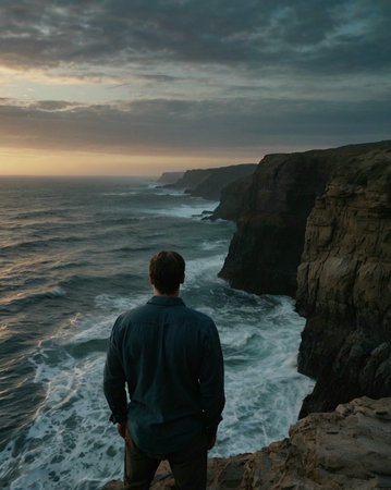A man looking at the ocean from the top of a cliff.の素材