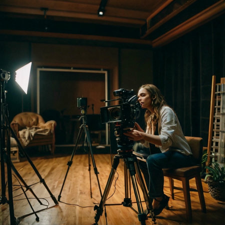 Young woman recording a video for her blog in a dark room.の素材
