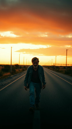 Young man walking on the road at sunset with dramatic sky background.の素材