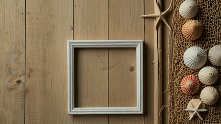 White frame with starfish and seashells on a wooden backgroundの素材