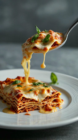 Plate with tasty lasagna on table, closeup. Space for textの素材