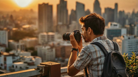 Young male photographer taking photos of cityscape with camera at sunset.の素材