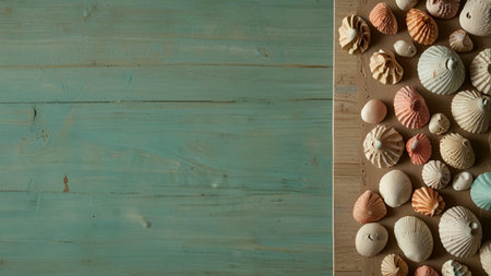 Seashells on wooden background, top view with copy spaceの素材