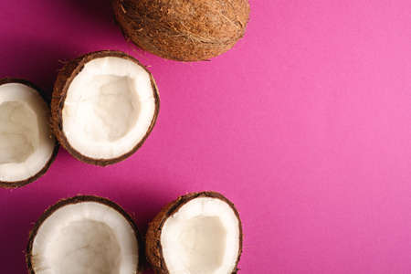 Coconut fruits on pink purple vibrant plain background, abstract food tropical concept, top view copy spaceの写真素材