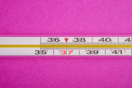 Analog thermometer on pink purple background, healthcare medical concept, antibiotics and cure, top view macroの写真素材