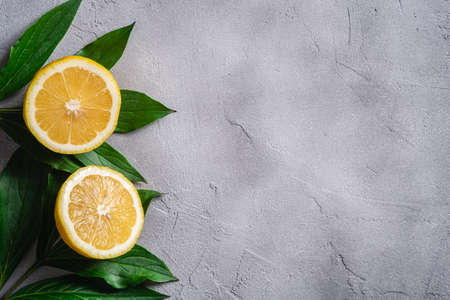 Two lemon slices, tropical citrus fruits with green leaves on grey concrete background, top view copy spaceの写真素材