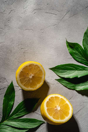 Two lemon slices, tropical citrus fruits with green leaves on grey concrete background, top view copy spaceの写真素材