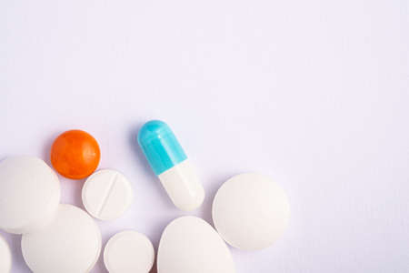 Pills and tablets on white background, healthcare medical concept, antibiotics and cureの写真素材