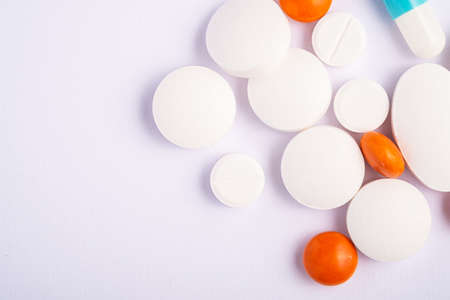 Pills and tablets on white background, healthcare medical concept, antibiotics and cureの写真素材