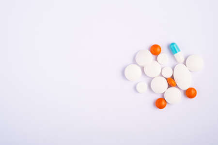 Pills and tablets on white background, healthcare medical concept, antibiotics and cureの写真素材