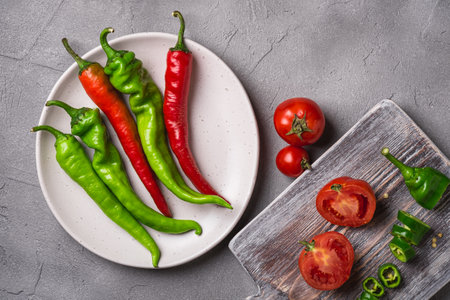 Fresh ripe tomatoes near to old wooden cutting board with hot chili peppers in plate, stone concrete background, top viewの写真素材