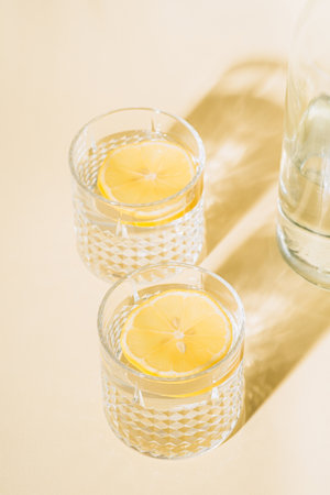 Glass of water on pastel background near to bottleの写真素材