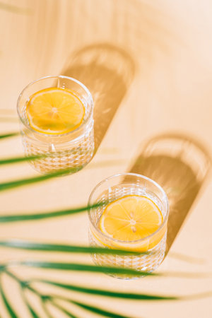 Glass of water with lemon on pastel background with tropical palm leavesの写真素材