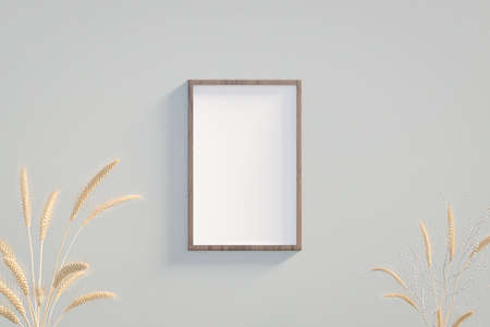 Picture frame mockup on wall near to wheat ears interior decor. 3D rendering template in minimal...