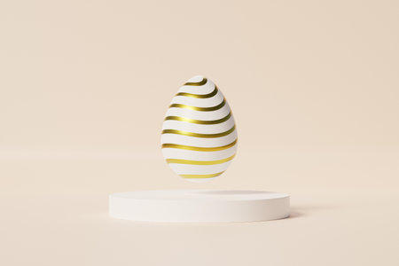 Easter egg with golden stripes pattern on white podium, beige background, spring April holidays card, 3d illustration renderの写真素材