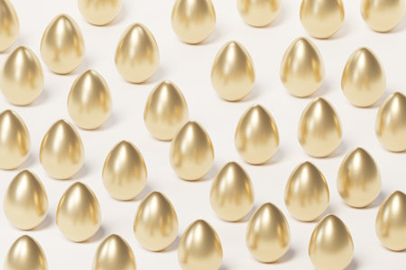Easter eggs decorated with gold on white background, spring April holidays card, isometric 3d illustration renderの写真素材