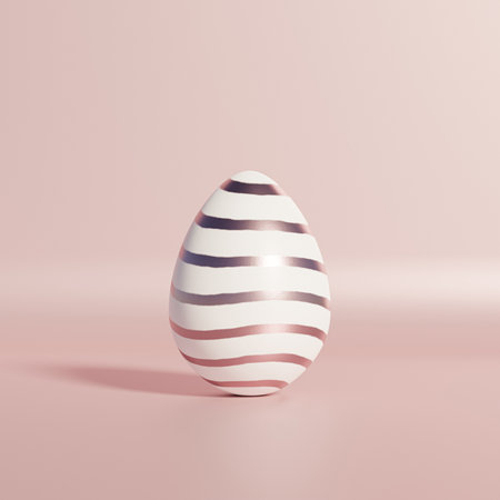 White Easter egg with rose gold striped pattern on pink background, spring April holidays card, 3d illustration renderの写真素材