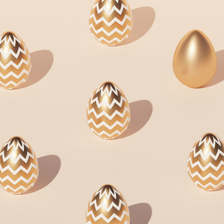 Easter eggs pattern decorated with gold, beige background, spring April holidays card, isometric 3d illustration renderの写真素材
