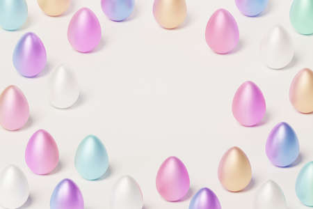 Painted colorful Easter eggs, white background, spring April holidays card, isometric 3d...