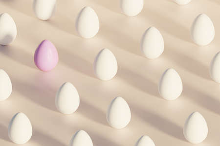 White and pink Easter eggs, beige background, spring April holidays card, isometric 3d illustration renderの写真素材