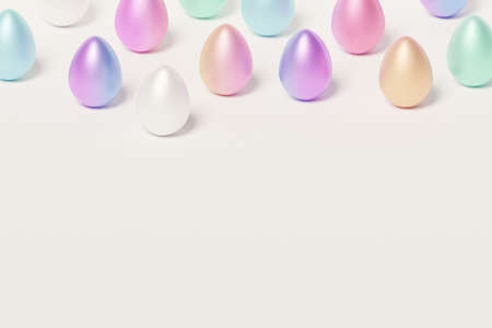 Painted colorful Easter eggs, white background, spring April holidays card, 3d illustration render