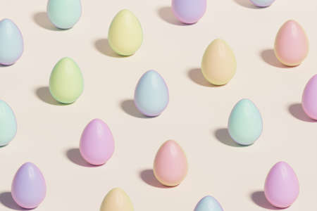 Painted colorful Easter eggs, beige neutral background, spring April holidays card, isometric 3d...