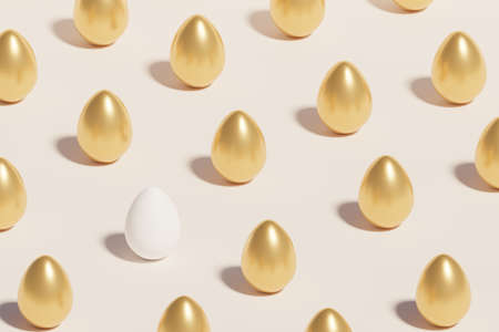 Golden and white Easter eggs, spring April holidays card, isometric 3d illustration render