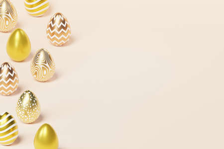 Easter eggs decorated with golden paint, beige background, spring April holidays card, isometric 3d illustration renderの写真素材