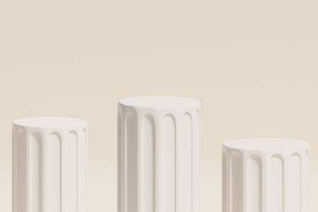 White pillar podiums or pedestals for products or advertising on beige background, minimal 3d illustration renderの写真素材
