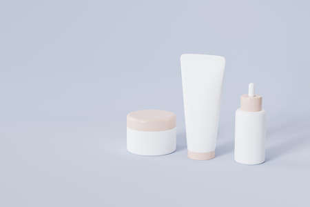 Mockup bottle, tube and jar for cosmetics products, template or advertising on blue background, 3d...