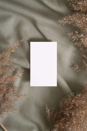 White blank paper card mockup with pampas dry grass on green neutral colored textile