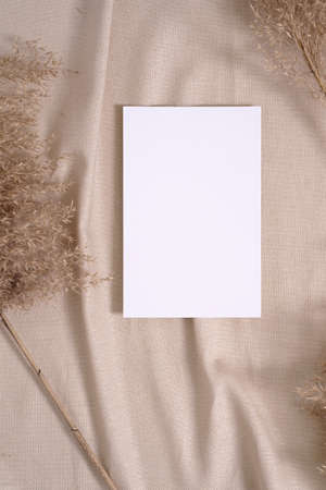 White blank paper card mockup with pampas dry grass on a beige neutral colored textileの写真素材