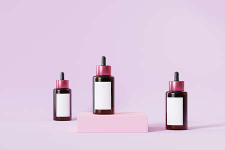 Mockup bottles with label for cosmetics products, template or advertising, pink background, 3d...