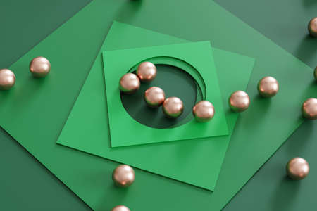 Abstract geometric green background with square shaped paper cards and metallic spheres. 3d...