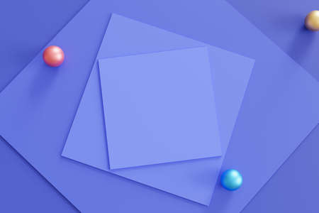 Abstract geometric blue background with square shaped paper cards and colorful spheres. 3d rendering...