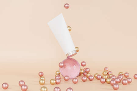 Mockup lotion tube for cosmetics products or advertising balancing on glass sphere, 3d illustration...