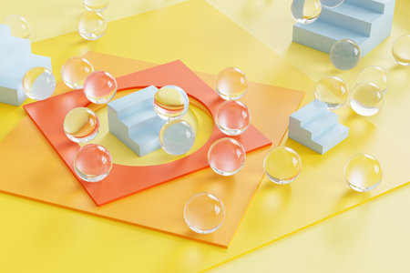 Abstract geometric yellow background with square shaped paper cards, blue stairs and glass spheres....