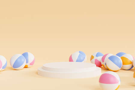 Podium or pedestal for products or advertising with inflatable beach balls, summer minimal 3d...