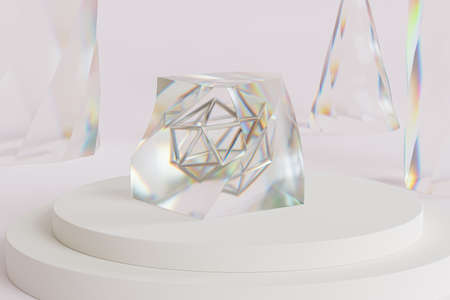 Abstract glass crystal with dispersion on podium or pedestal, beige background, minimal 3d...