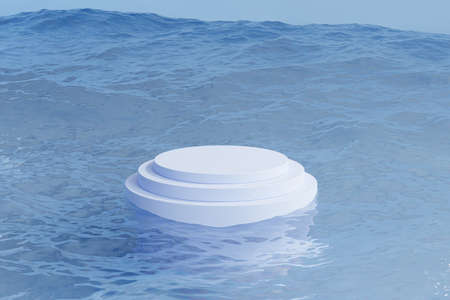 Podium or pedestal for products or advertising on blue background with sea waves, minimal 3d illustration renderの写真素材