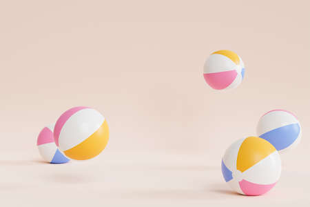 Summer beige background with inflatable beach balls, copy space, minimal 3d illustration renderの写真素材